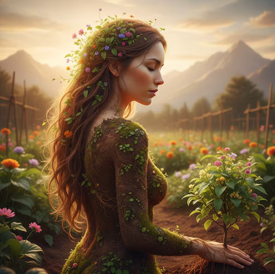 Illustration conceptuelle de l'Écologie Intérieure montrant une silhouette humaine fusionnée avec un jardin luxuriant et des racines profondes.